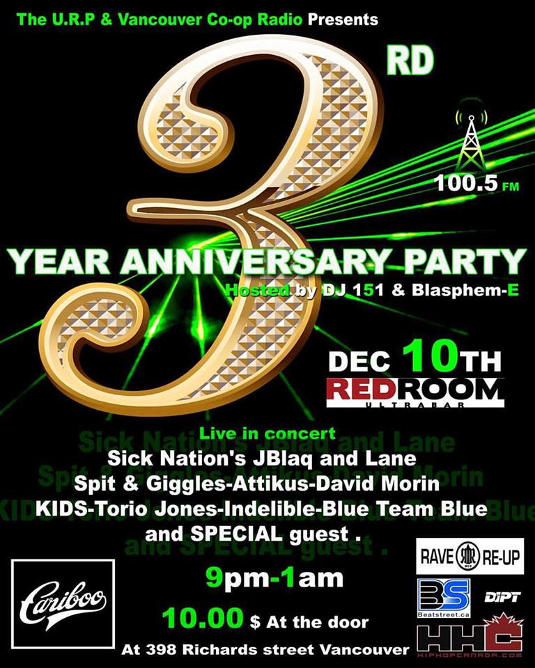Urban Renewal Project @: Vancouver Co-op Radio 3 year Anniversary Party @ The Red Room Dec 10 2015 - Jun 22nd @ The Red Room