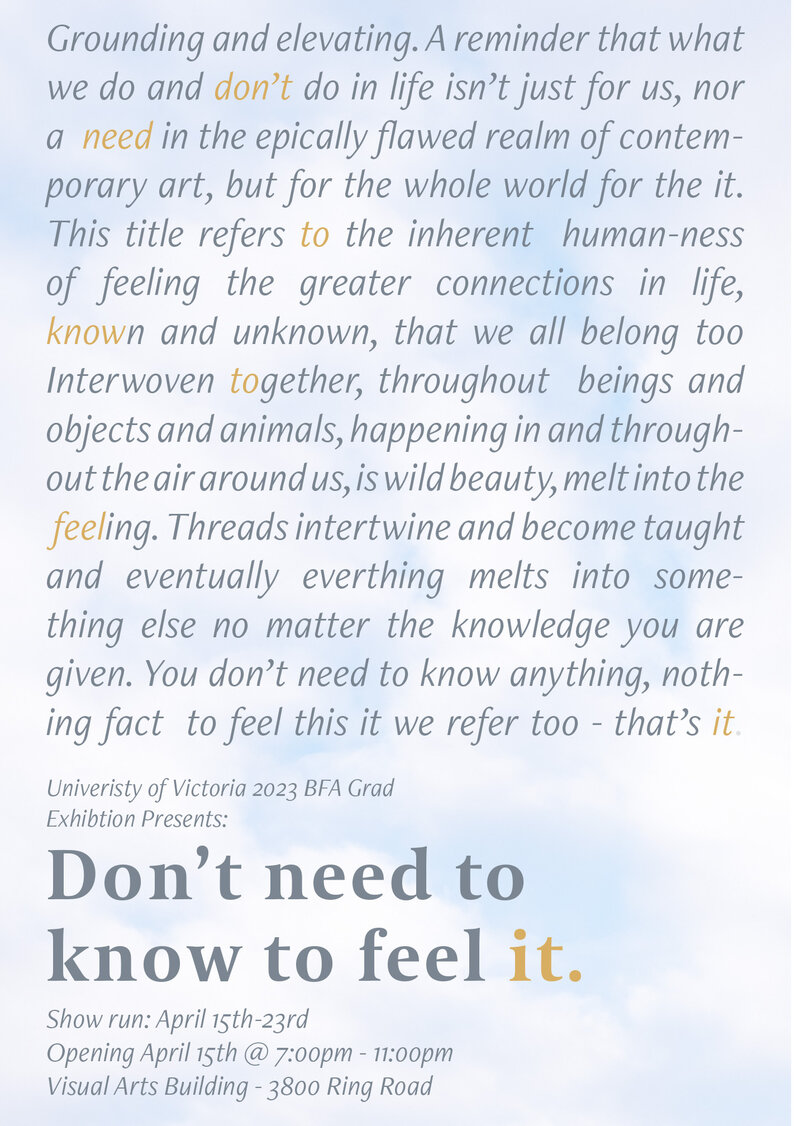 UVic BFA Exhibition | Don't Need to Know to Feel it - May 7th @ University of Victoria, Visual Arts Building