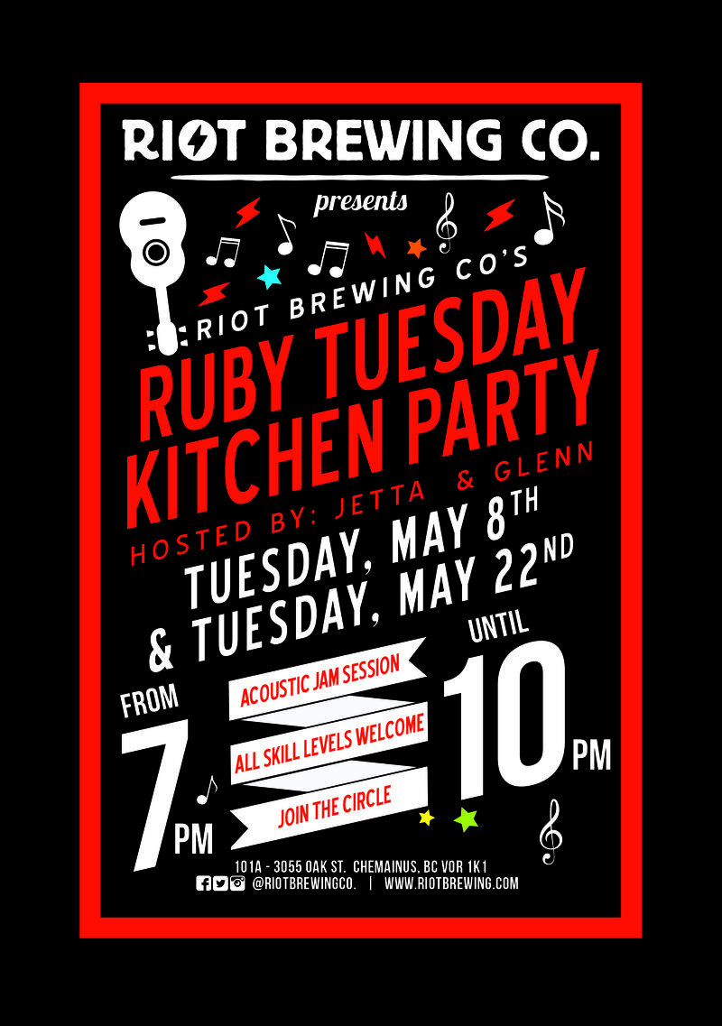 Ruby Tuesday Kitchen Party: Glenn  (Host), Jetta (Host) @ Riot Brewing Co. May 8 2018 - Jun 14th @ Riot Brewing Co.