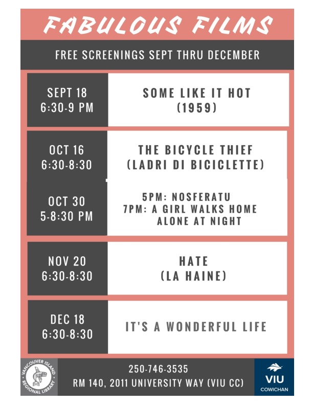 Fab Films: 'Some Like It Hot' @ Room 140, 2011 University Way (VIU Cowichan Lecture Theatre) Sep 18 2017 - Jun 4th @ Room 140, 2011 University Way (VIU Cowichan Lecture Theatre)