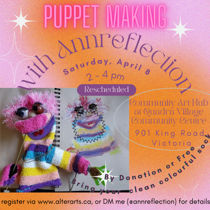 Making Puppet from colorful sock: Ann K Chou (@annreflection) @ Alter Arts Society Apr 8 2023 - May 6th @ Alter Arts Society