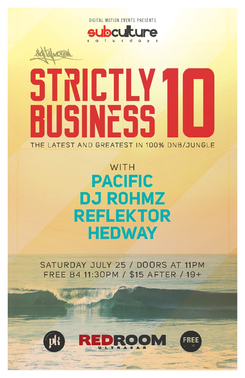 Free b4 11:30 - STRICTLY BUSINESS 10 (100 % DRUM AND BASS / JUNGLE) #SUBcultureSaturdays: PACIFC, ROHMZ , REFLEKTOR, HEDWAY @ The Red Room Jul 25 2015 - Jun 20th @ The Red Room