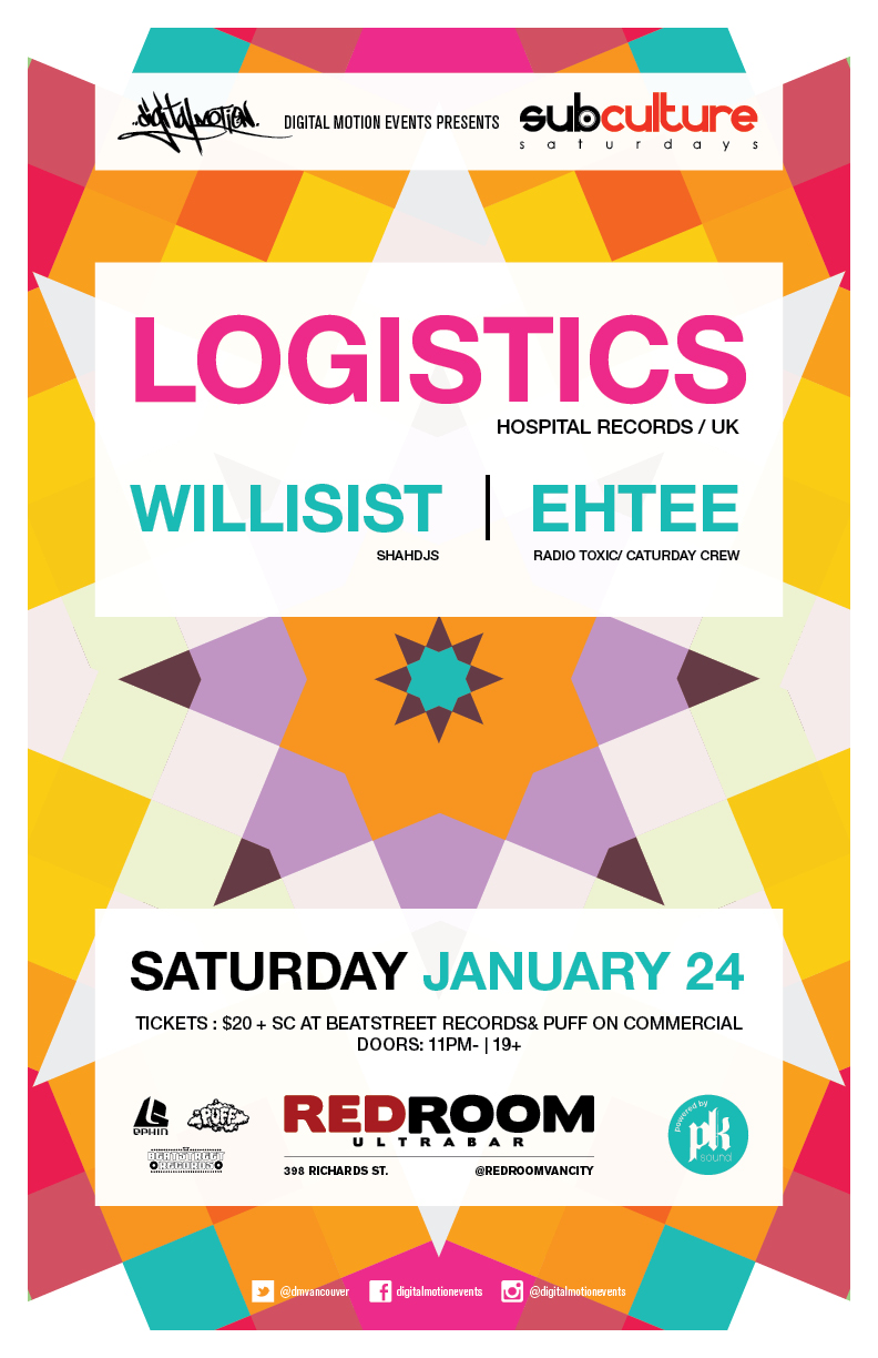 We're very excited to present our first international Drum and Bass guest of 2015 at SUBculture Saturday's...:  Logistics , Willisist, EhTee @ The Red Room Jan 24 2015 - Jun 18th @ The Red Room