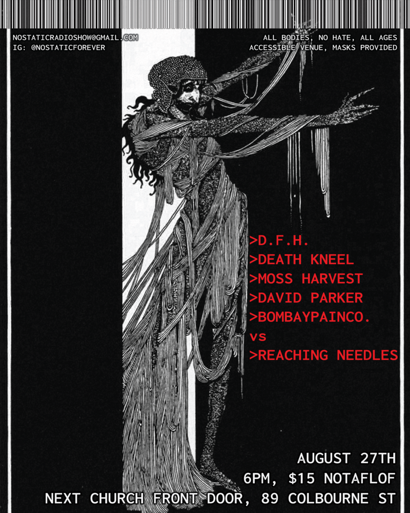 Noise Shock and Awe: D.F.H., Death Kneel, Moss Harvest, BOMBAYPAINCO., Reaching Needles, David Parker @ Next Church - Aug 27, 2023