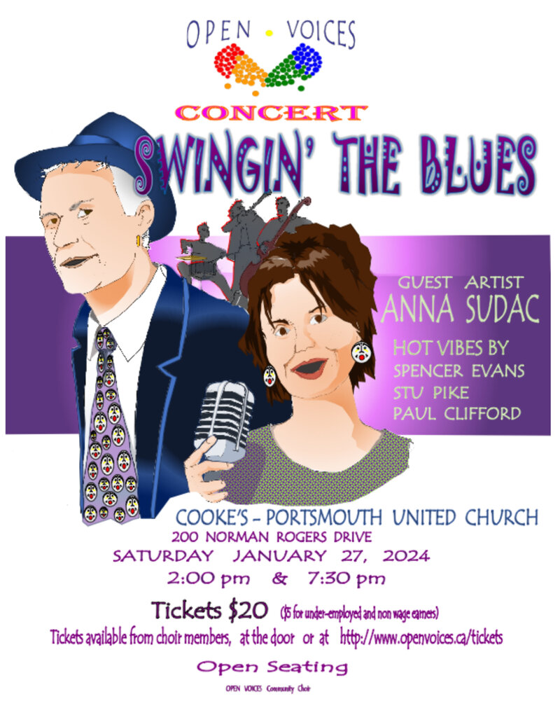 Swingin&rsquo; the Blues: Open Voices, Anna Sudac, Paul Clifford, Stu Pike, Spencer Evans @ Cooke's-Portsmouth United Church Jan 27 2024 - May 6th @ Cooke's-Portsmouth United Church