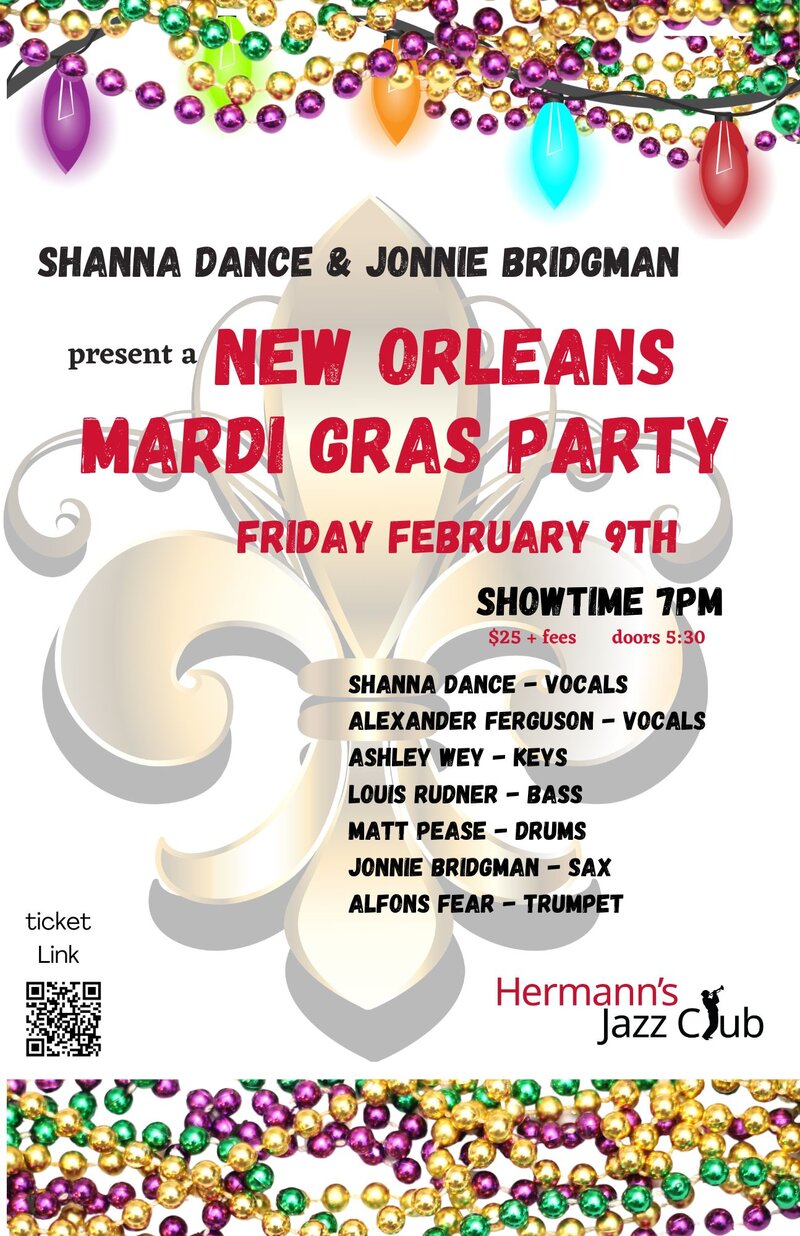 Shanna Dance and Jonnie Bridgman present a New Orleans Mardi Gras Party - May 7th @ Hermann's Jazz Club