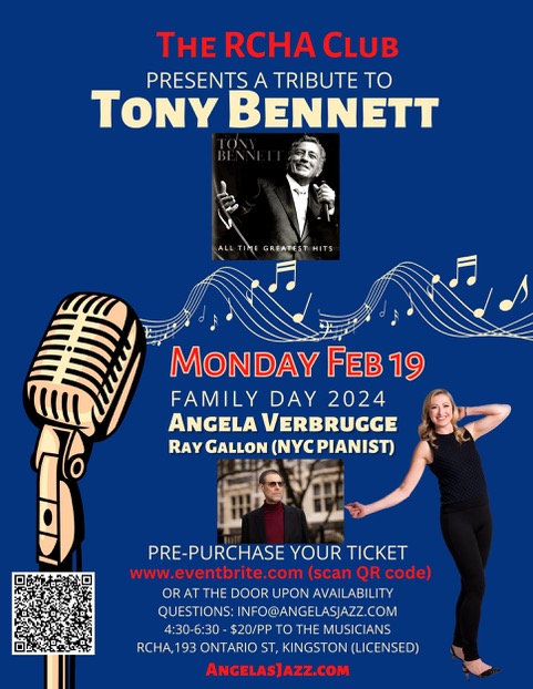 Tribute to Tony Bennett: Angela Verbrugge Duo - May 6th @ The Club at the R.C.H.A.