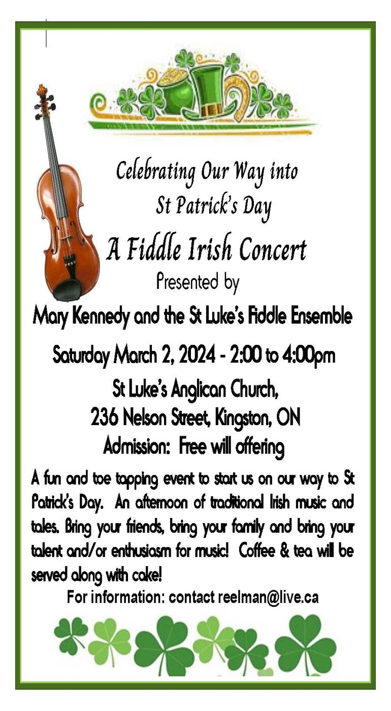 Irish Fiddle and Songs for St. Patrick's @ St. Luke's Anglican Church - Mar 02, 2024