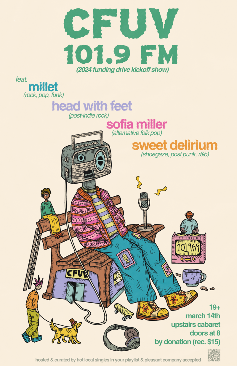 CFUV's Annual Funding Drive Kick-Off at Upstairs Cabaret!: Millet, Sofia Miller, Head With Feet, Sweet Delirium @ Upstairs Mar 14 2024 - May 6th @ Upstairs