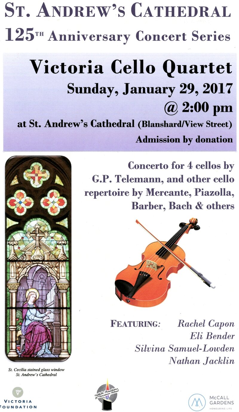 Victoria Cello Quartet: Rachel Capon, Eli Bender, Silvinia Samuel-Lowden, Nathan Jacklin @ St. Andrews Presbyterian Church - Jan 29, 2017