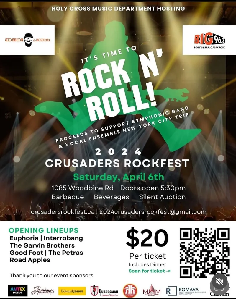 Crusaders Rock Fest: Road Apples, The Garvin Brothers, Euphoria, Interrobang‽, The Petras, Good Foot @ Holy Cross Catholic Secondary School Apr 6 2024 - Apr 30th @ Holy Cross Catholic Secondary School