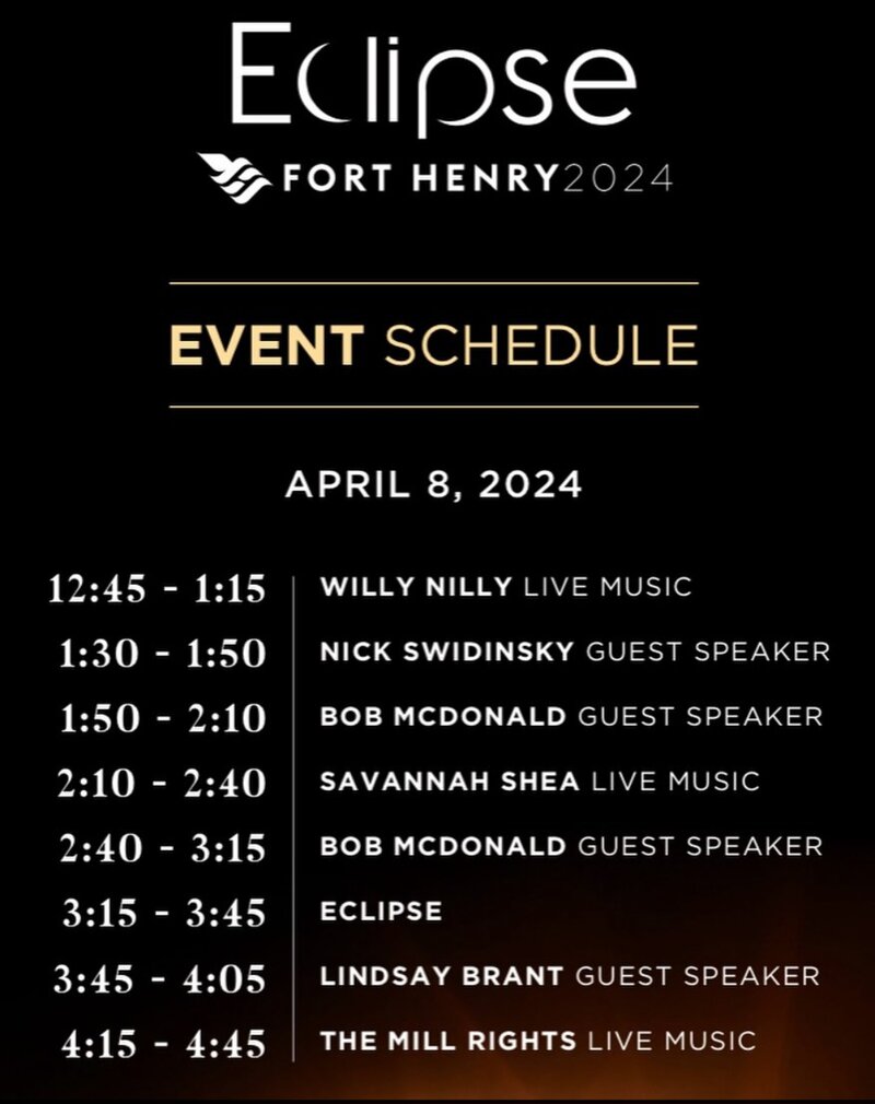 Eclipse: Bill Welychka , Willy Nilly, Nick Swidinsky, Bob McDonald, Savannah Shea, Lindsay Brant, The Mill&bull;Rights @ Fort Henry Apr 8 2024 - May 1st @ Fort Henry