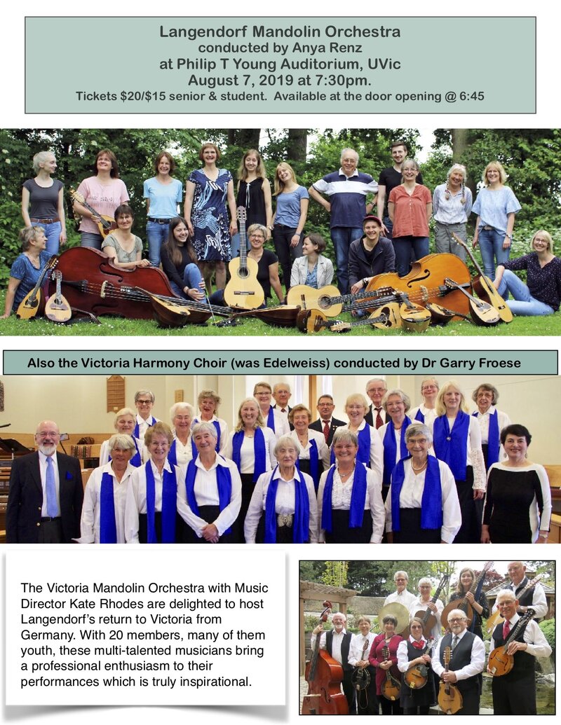 Langendorf Mandolin Orchestra: Victoria Harmony Choir, Victoria Mandolin Orchestra @ Phillip T. Young Recital Hall (Uvic) Aug 7 2019 - May 1st @ Phillip T. Young Recital Hall (Uvic)