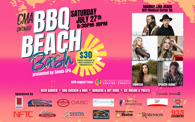 CMA Ontario BBQ Beach Bash: The Abrams, Karli June, Alexa Goldie, Charissa, Spencer Burns @ Sharbot Lake Beach Jul 27 2024 - Apr 30th @ Sharbot Lake Beach