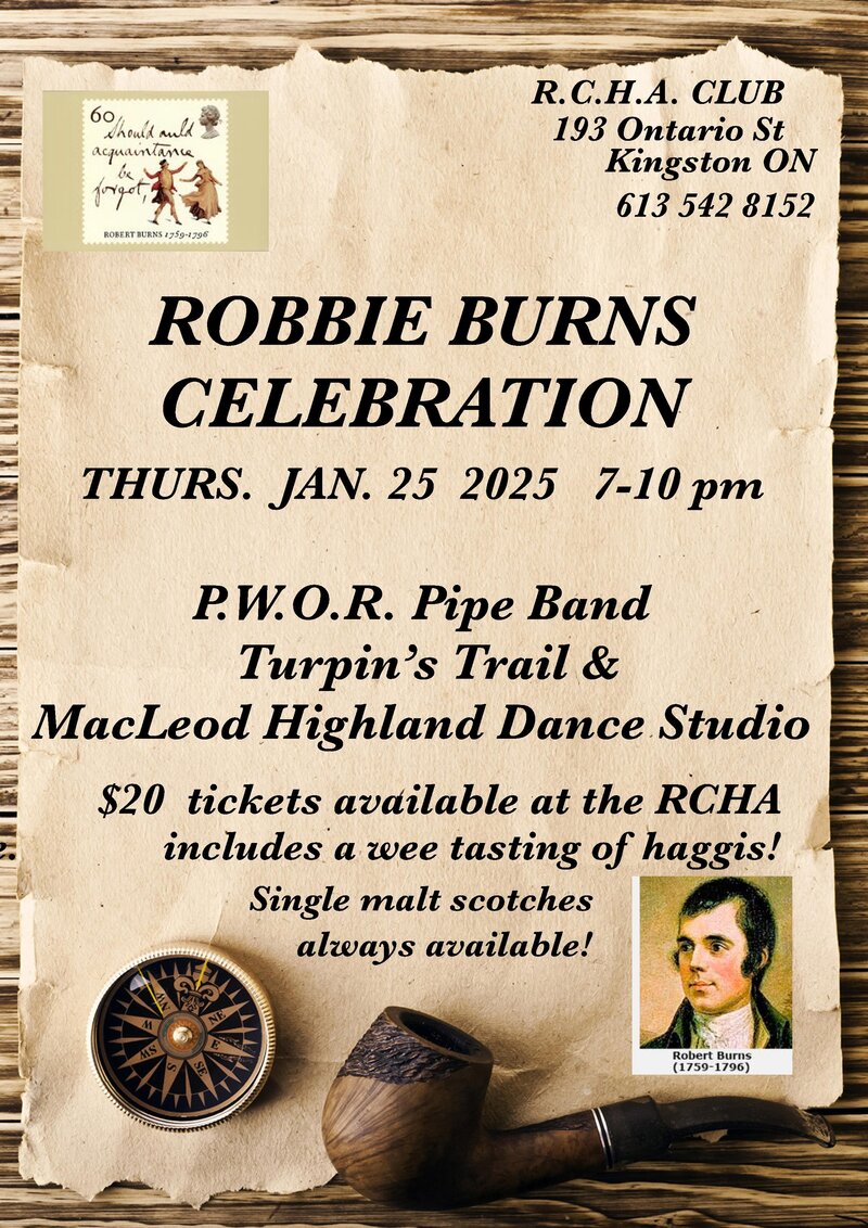Robbie Burns Celebration: Turpin's Trail, Princess of Wales&rsquo; Own Regiment Pipe Band @ The Club at the R.C.H.A. Jan 23 2025 - Apr 30th @ The Club at the R.C.H.A.