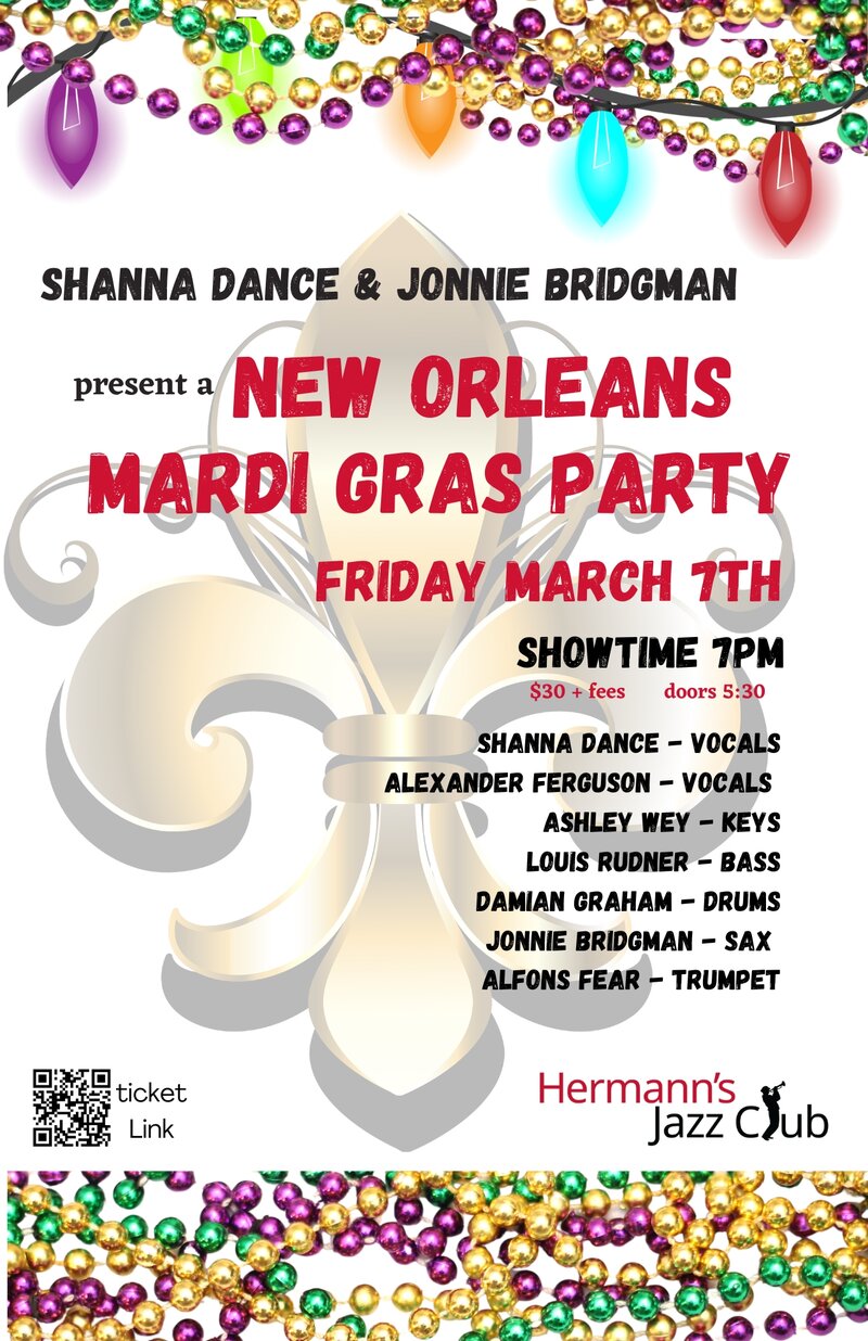 Shanna Dance and Jonnie Bridgman present a New Orleans Mardi Gras Party - May 7th @ Hermann's Jazz Club