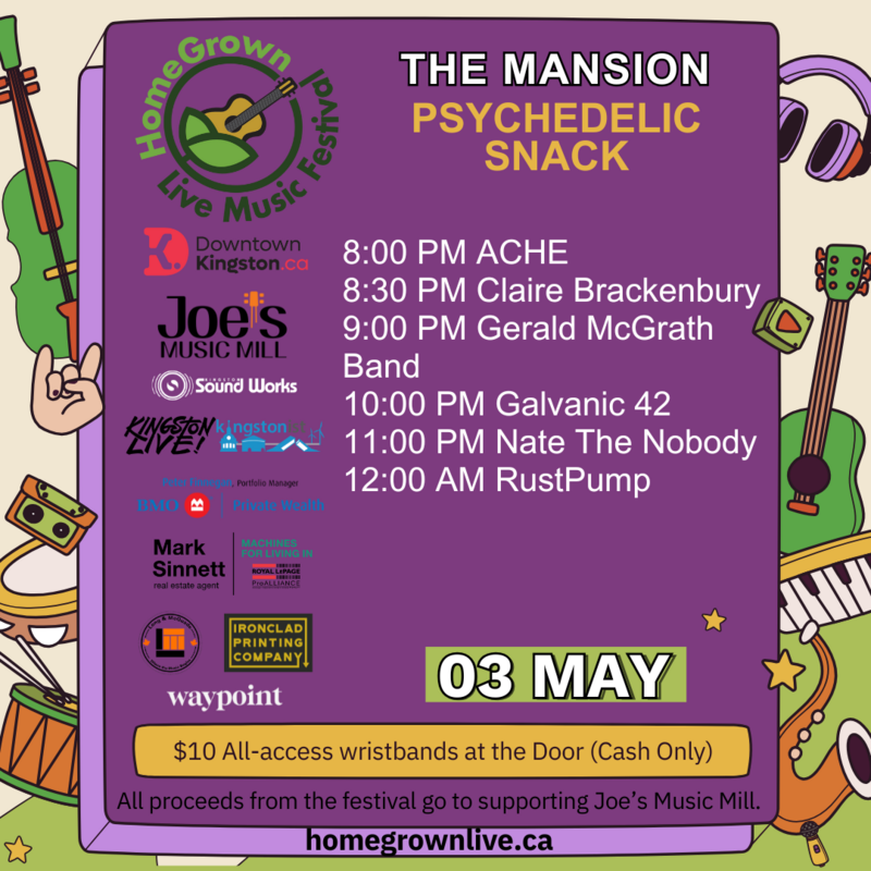 HomeGrown Live Music Festival 2025: Ache, Claire Brackenbury, Gerald McGrath & His Finest Band, Galvanic 42, Nate The Nobody, RustPump @ The Mansion May 3 2025 - May 6th @ The Mansion