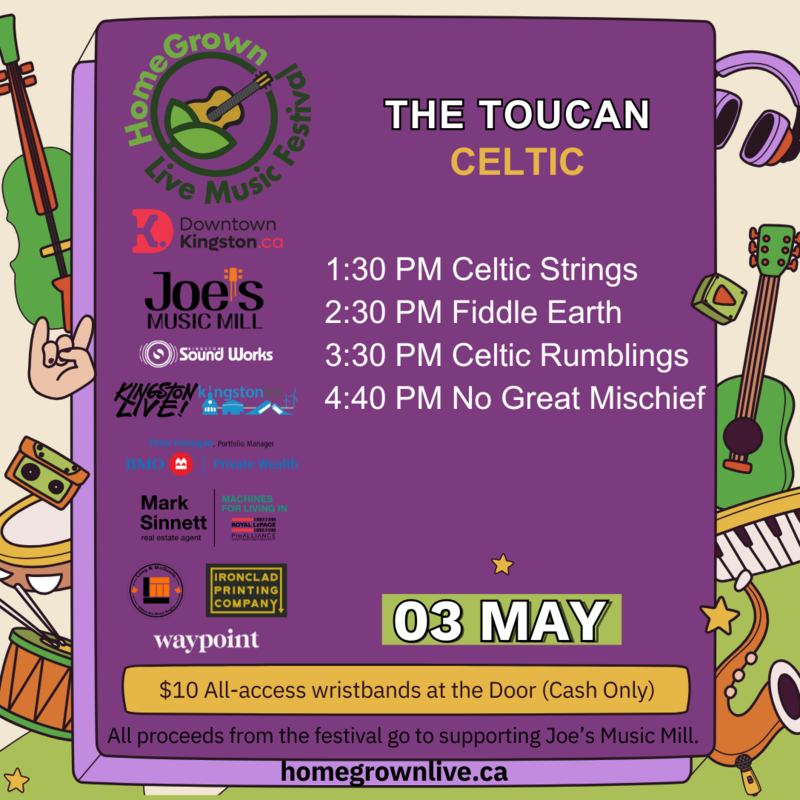 HomeGrown Live Music Festival 2025: Celtic Strings, Fiddle Earth, Celtic Rumblings, No Great Mischief @ The Toucan May 3 2025 - May 1st @ The Toucan