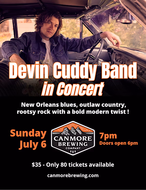 Sunday, July 6 Devin Cuddy Band - Live at Canmore Brewing Company - Jun 10th @ Canmore Brewing Company