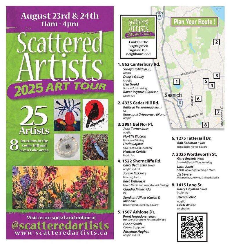 Scattered Artist Summer Tour: Soraya Tohidi (Acrylic Paintings), Denise Goudy  (Acrylic Paintings), Lisa Gould (Linocut Prints), Raven Wyntre-Clarkson (Gourd Art), Kathryn Veronneary  (Oil Painting), Kanyapak Sripaoraya (Acrylic Painting), Joan Turner  (Acrylic Painting), FLO-ELLE WATSON, Claudia Malacrida (Oil Painting), Carol Bednarski , Linda Rajotte, Heather Corbitt (Fabric Art), Barb DeRousie, Sand and Silver  (Jewelry & more), Brent Hegadoren  (Reclaimed Wood Art), Gloria Smith  (Ceramic Sculpture), Adrienne Hughes (Acrylic & Oil), Bob Fahlman (Handmade knives), Gary Beckett  (Stained Glass, woodworking), Lynn Jones (weaving, clothing) @ Multiple studios and gardens Aug 23 2025 - May 5th @ Multiple studios and gardens