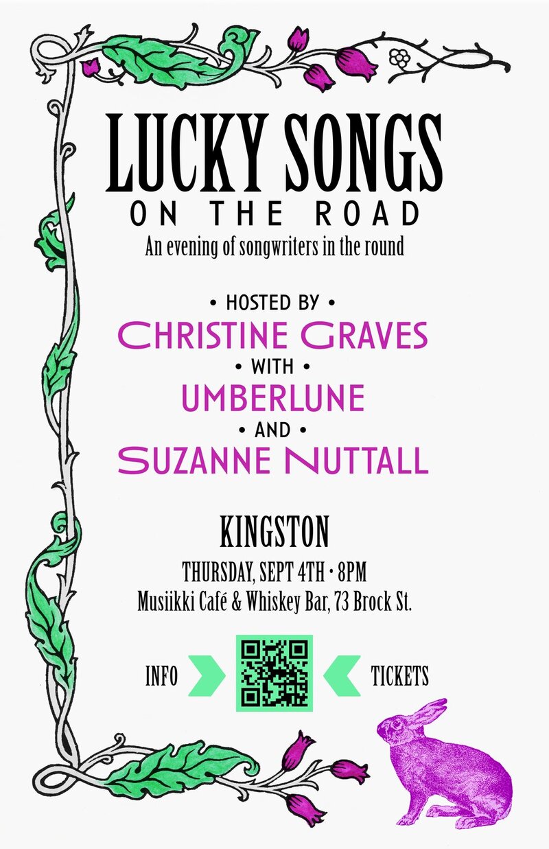 Lucky Songs on the Road: Christine Graves, umberlune, Suzanne Nuttall @ Musiikki Caf&eacute; & Whiskey Bar Sep 4 2025 - May 13th @ Musiikki Caf&eacute; & Whiskey Bar
