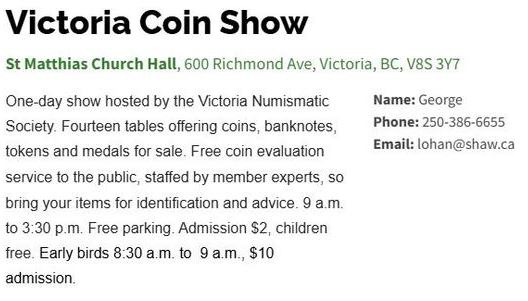 Victoria Coin Show - May 18th @ St Matthias Church