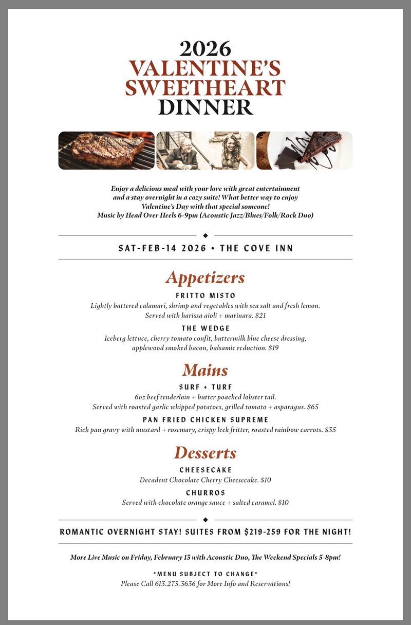 Valentine's Sweetheart Table d'H&ocirc;te Dinner: Head Over Heels @ The Cove Inn Feb 14 2026 - May 17th @ The Cove Inn