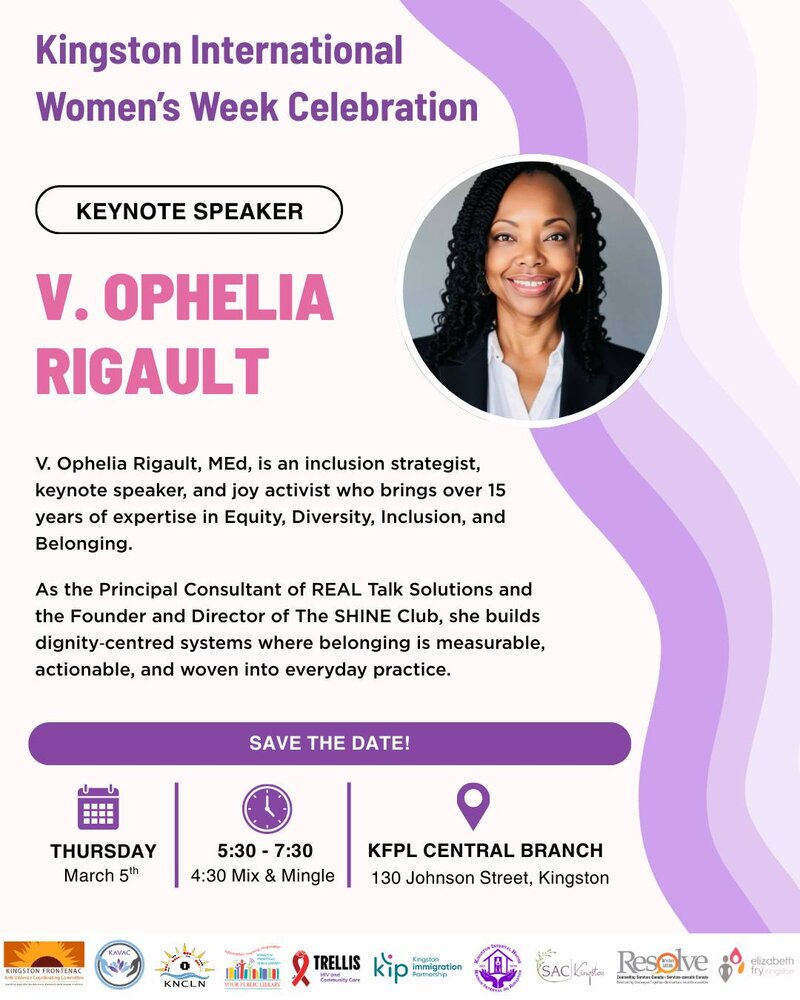 International Women's Week Celebration: V. Ophelia Rigault, Lynda Gerow, Yessica Rivera Belsham, Afro Mama Rythm&eacute;es, Sadiqa de Meijer, Inna Leshchuk @ Kingston Frontenac Public Library - Central Branch Mar 5 2026 - May 6th @ Kingston Frontenac Public Library - Central Branch
