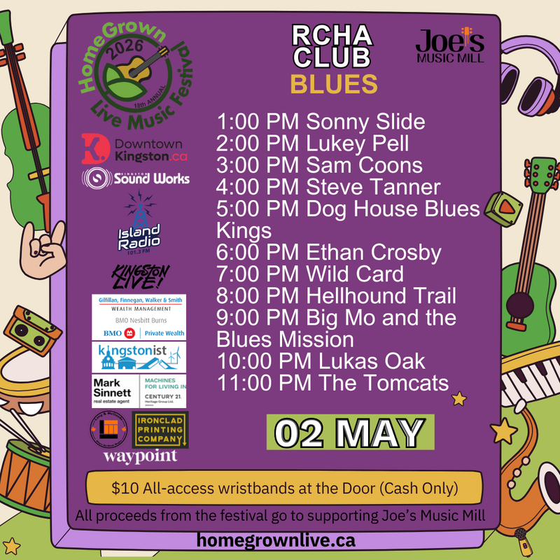 HomeGrown Live Music Festival: Sonny Slide Maddams, Lucanus Pell, Sam Coons, Steven Tanner, Doghouse Blues Kings, Ethan Crosby, Wild Card, Hellhound Trail, Big Mo & The Blues Mission, Lukas Oak,   The Tomcats @ The Club at the R.C.H.A. May 2 2026 - May 6th @ The Club at the R.C.H.A.