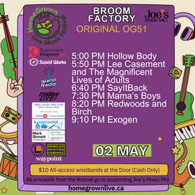 HomeGrown Live Music Festival: Hollow Body, Lee Casement and The Magnificent Lives of Adults, SayitBack, Mama&rsquo;s Boys, Redwoods & Birch, Exogen @ Broom Factory May 2 2026 - May 4th @ Broom Factory