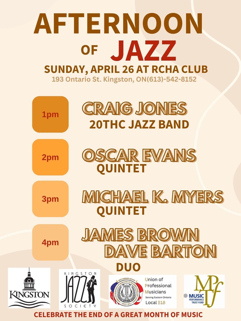 Jazz Appreciation Month Finale: 20th-Century Band, Oscar Evans, Michael K. Myers Quintet, James Brown, Dave Barton @ The Club at the R.C.H.A. Apr 26 2026 - May 6th @ The Club at the R.C.H.A.