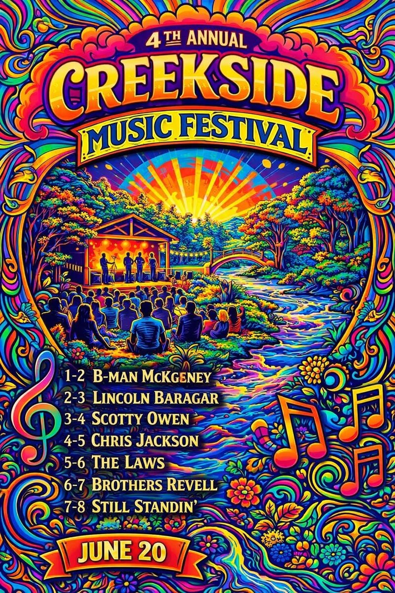 Creekside Music Festival: Still Standin', Brothers Revell, The Laws, Christopher Jackson, Scott Owen, Lincoln Baragar , B-Man McKegney @ The Creekside Bar & Grill Jun 20 2026 - May 5th @ The Creekside Bar & Grill