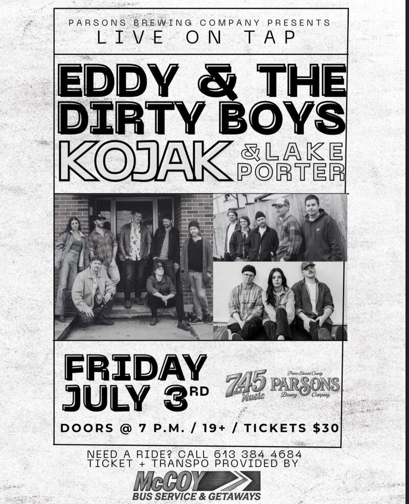 Eddy & The Dirty Boys, Kojak, Lake Porter @ Parsons Brewing Jul 3 2026 - May 14th @ Parsons Brewing