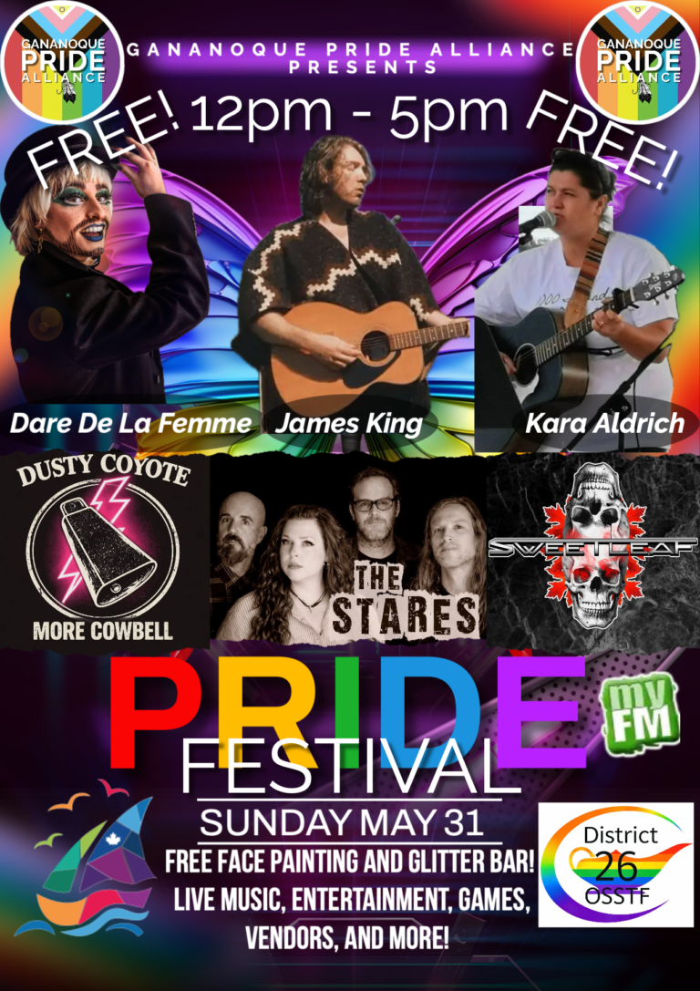 Gananoque Pride Festival: Dare De La Femme, James King, Kara Aldrich, Dusty Coyote, The Stares, Sweetleaf, More Cowbell @ Gananoque Town Park May 31 2026 - May 31st @ Gananoque Town Park