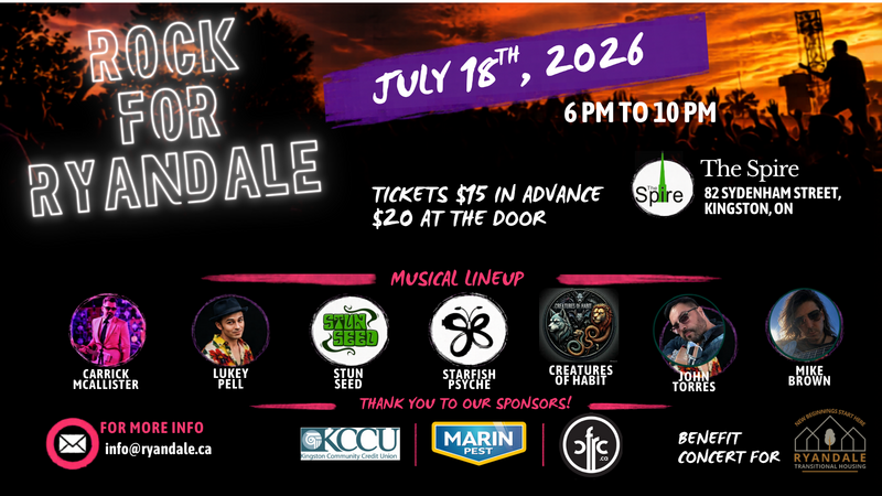 Rock for Ryandale: Carrick McAllister, Stun Seed, Starfish Psyche, John Torres, Creatures of Habit, Mike Brown , Lucanus Pell @ The Spire Jul 18 2026 - Jun 18th @ The Spire