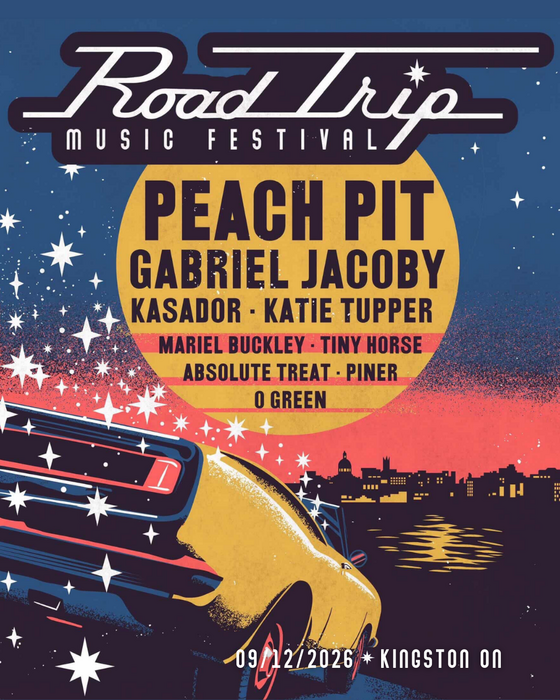 Promotional poster for RoadTrip Music Festival, September 12, 2026 in Kingston, Ontario featuring performing acts Peach Pit, Gabriel Jacoby, Katie Tupper, Mariel Buckley, Absolute Treat, Tiny Horse, Kasador, Piner, O Green.