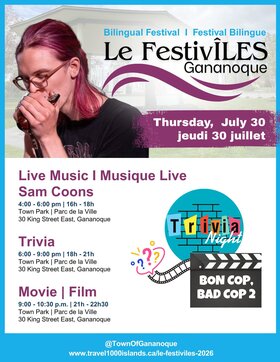 Le Festiv&Icirc;LES: Sam Coons @ Gananoque Town Park Jul 30 2026 - Aug 1st @ Gananoque Town Park