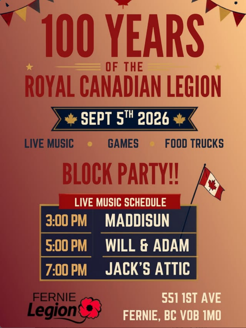 100 Years of the Royal Canadian Legion - Aug 3rd @ Fernie Legion