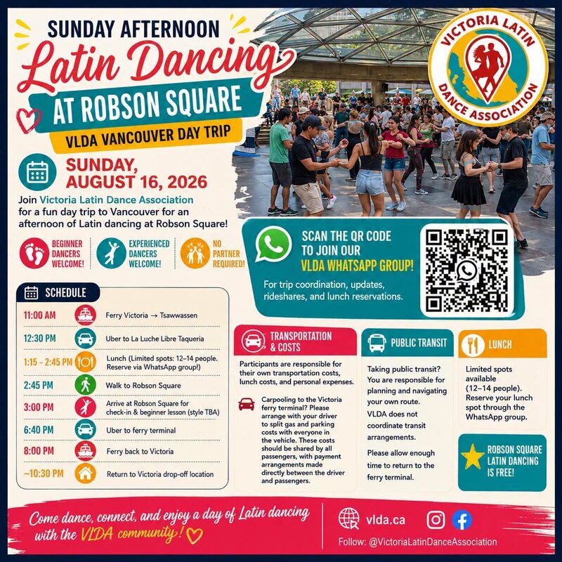 Group Trip Sunday Afternoon Salsa and Bachata at Robson Square 2026 - Aug 14th @ 800 Robson St, Vancouver, BC (Robson Square)