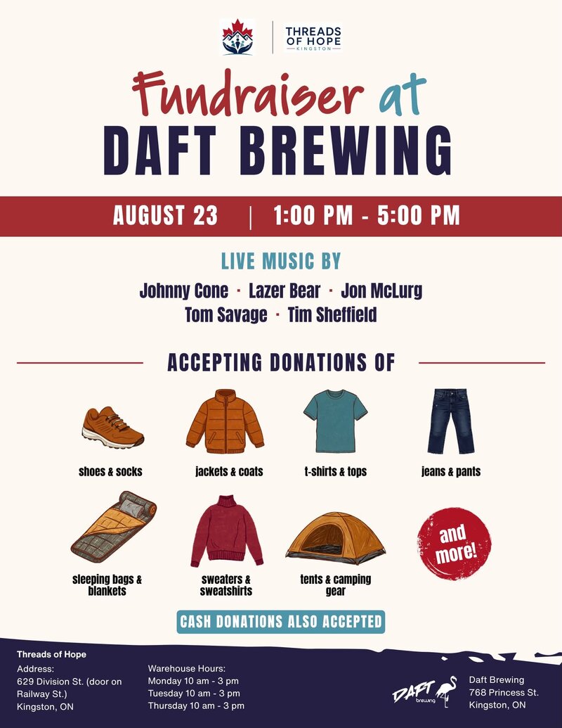 Threads Of Hope Kingston Fundraiser: Johnny Cone, LazerBear , Jon McLurg, Tom Savage, Tim Sheffield @ Daft Brewing Aug 23 2026 - Aug 19th @ Daft Brewing