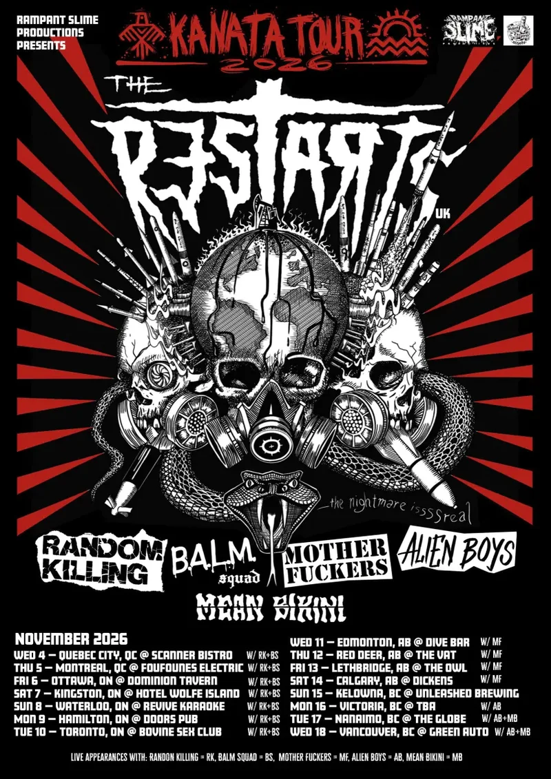 The Restarts, Random Killing, Balm Squad @ Hotel Wolfe Island Nov 7 2026 - Sep 14th @ Hotel Wolfe Island