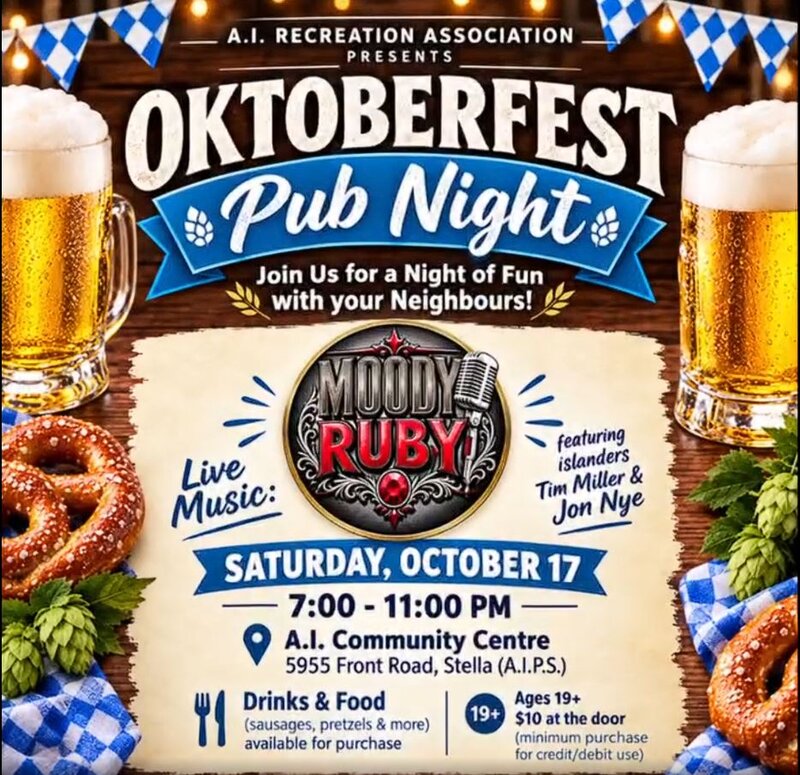 Oktobertfest Pub Night: Moody Ruby @ Amherst Island Public School Oct 17 2026 - Sep 19th @ Amherst Island Public School
