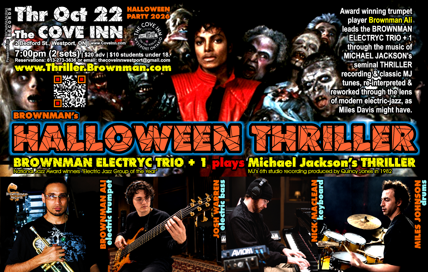 Brownman's HALLOWEEN THRILLER (Westport tour date): Brownman Electryc Trio, Brownman Ali, Nick Maclean @ The Cove Inn Oct 22 2026 - Oct 9th @ The Cove Inn