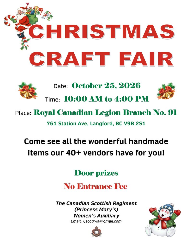 Christmas Craft Fair - Oct 18th @ Langford Legion (Prince Edward)